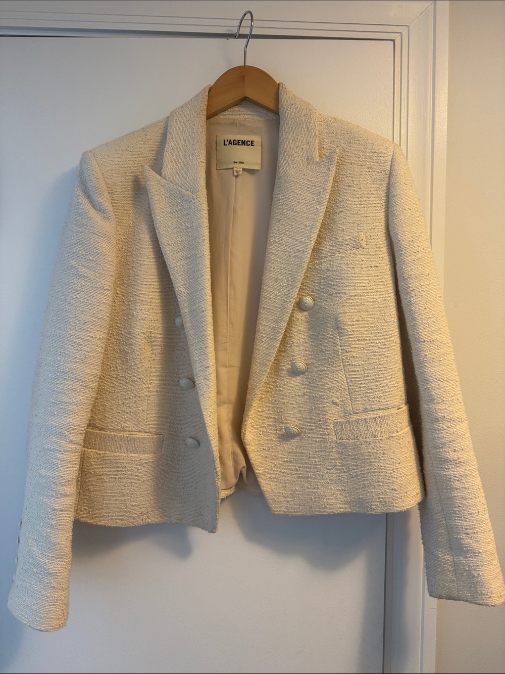 L'AGENCE Cream Bouclé Double-Breasted Blazer